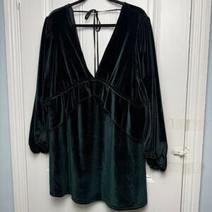 Asos Topshop Mini Dress Womens 6 Emerald Green Velvet Puff Sleeve Deep V Neck
